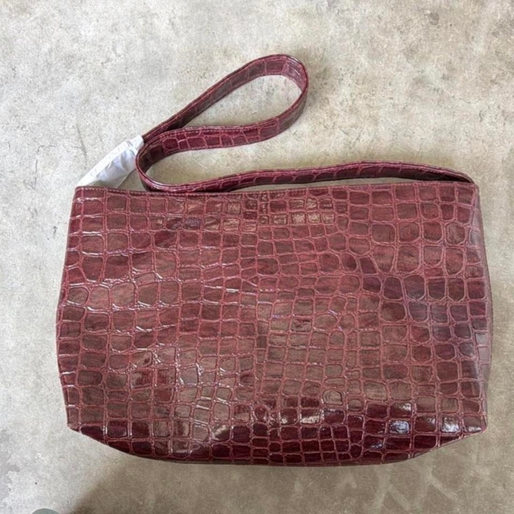 burgundy croc print handbag with adjustable strap